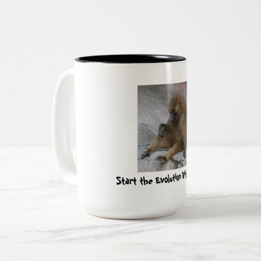 Begin de evolutie zonder mij tweekleurige koffiemok (Voorkant links)