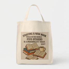 Begin een nieuw boek in het midden van vijf andere tote bag
