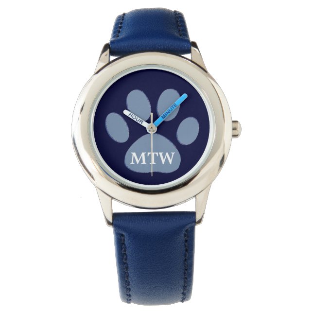 Beginletters hond poot blauw horloge (Voorkant)