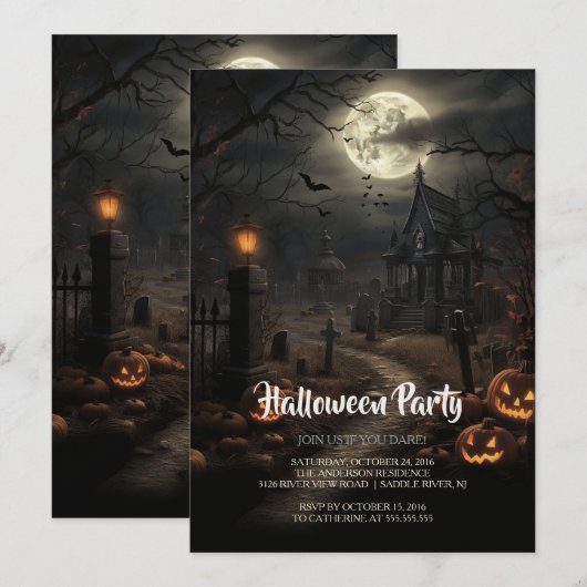 Begraafplaats en Pompoenen Halloween Party Kaart (Voorkant / Achterkant)