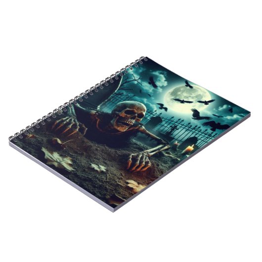 Begraafplaats, skelet kruipen uit graf. notitieboek (Linkerzijde)