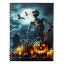 Begraafplaats, skelet zittend op een graf.