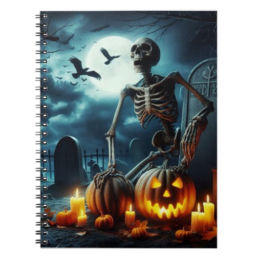 Begraafplaats, skelet zittend op een graf. notitieboek (Voorkant)