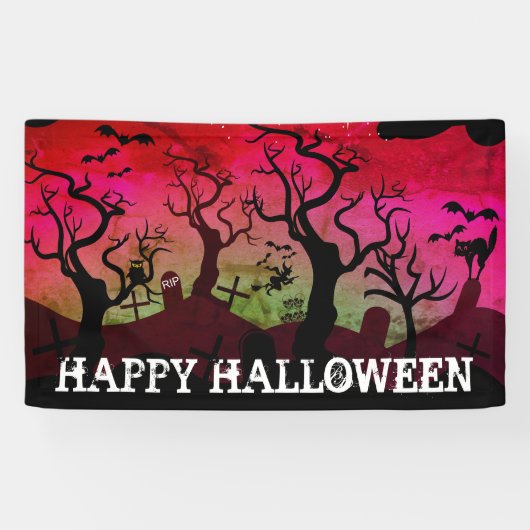 Begraafplaats zwart, rood, olijfgroen Halloween Spandoek (Horizontaal)
