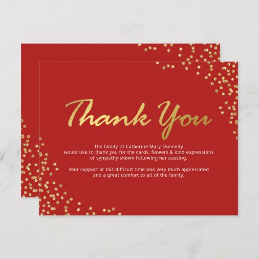 Begrafenis bedankje Opmerking | Red Gold Sparkly Bedankkaart (Voorkant / Achterkant)