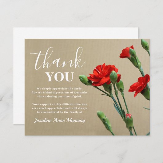 Begrafenis bedankje Opmerking | rode anjers Bedankkaart (Voorkant / Achterkant)