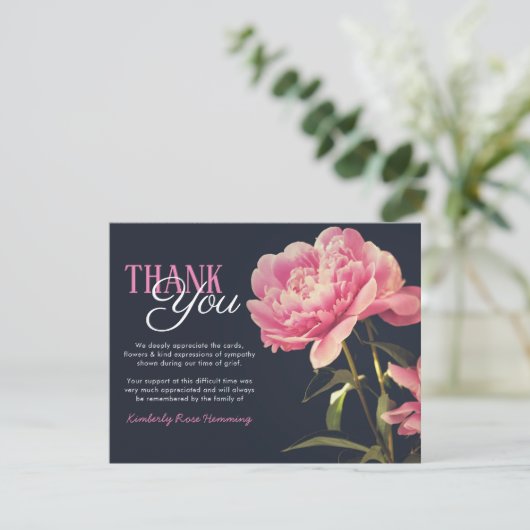 Begrafenis bedankje Opmerking | Roze pioenroos blo Bedankkaart (Staand voorkant)