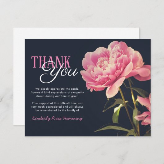 Begrafenis bedankje Opmerking | Roze pioenroos blo Bedankkaart (Voorkant / Achterkant)