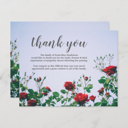 Begrafenis bedankje Opmerking | Sympathy Red Roses Bedankkaart (Voorkant / Achterkant)