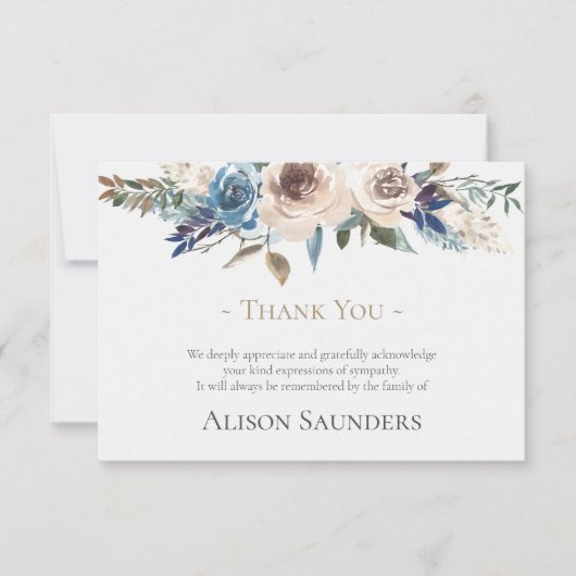 Begrafenis bedankkaarten | Botanisch Beige & Blauw Bedankkaart (Voorkant)