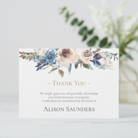 Begrafenis bedankkaarten | Botanisch Beige & Blauw Bedankkaart (Staand voorkant)