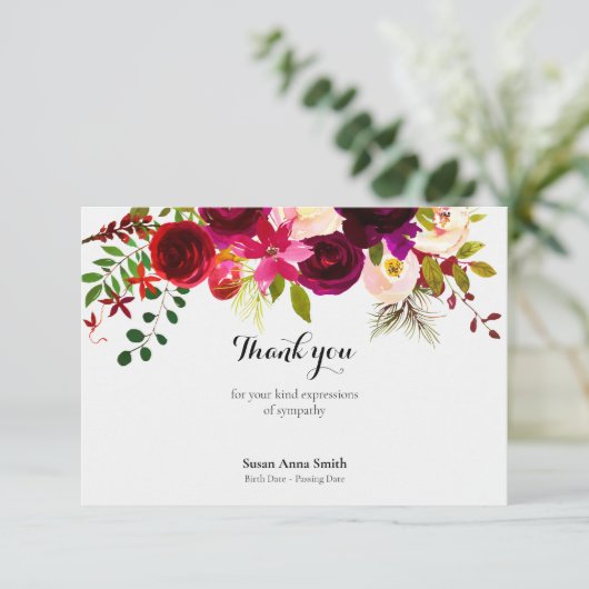 Begrafenis bedankkaarten | Crimson Floral Bedankkaart (Staand voorkant)