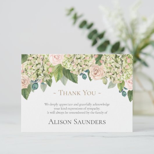 Begrafenis bedankkaarten |  Hydrangea Rozen Bedankkaart (Staand voorkant)