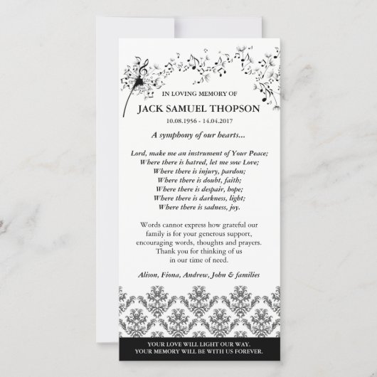 Begrafenis bedankkaarten | Symfonie van onze harte Bedankkaart (Voorkant)