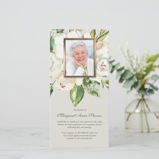 Begrafenis bedankkaarten | Witte Roos & Foto Bedankkaart (Staand voorkant)