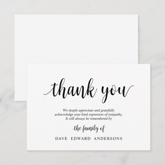 Begrafenis Bedankt Opmerking Kaart Rouw, Zwart (Voorkant / Achterkant)