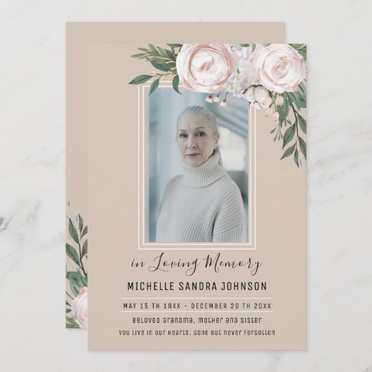 Begrafenis Bloemen Beige Foto Memorial Programma (Voorkant / Achterkant)