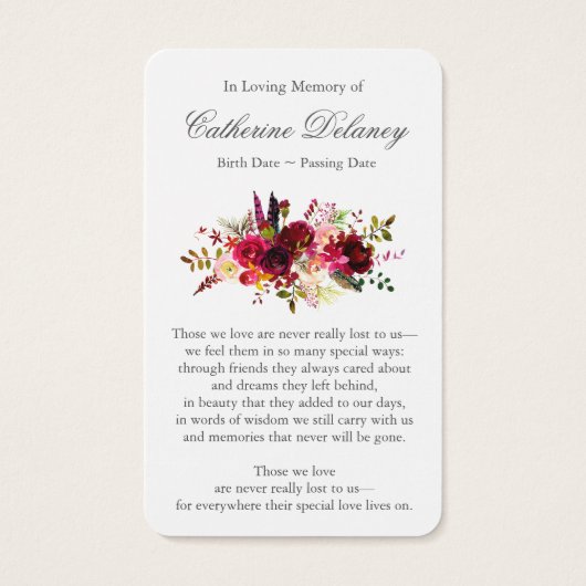 Begrafenis Bloemen Bordo Foto Gebed Sympathie Kaar Visitekaartje (Achterkant)