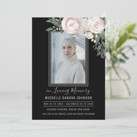 Begrafenis Bloemen Zwart Foto Memorial Prayer Kaar Bedankkaart (Staand voorkant)