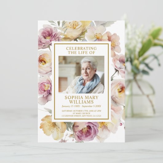 Begrafenis Blush Pink & Yellow Flora Memorial Prog Kaart (Staand voorkant)