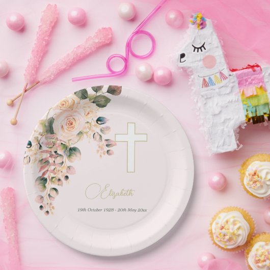 Begrafenis Christelijke foto Elegant Roos Papieren Bordje (Feest)