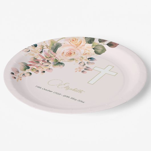 Begrafenis Christelijke foto Elegant Roos Papieren Bordje (Gekanteld)