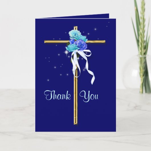 Begrafenis "Dank u" blauw goud religieus Bedankkaart (Voorkant)