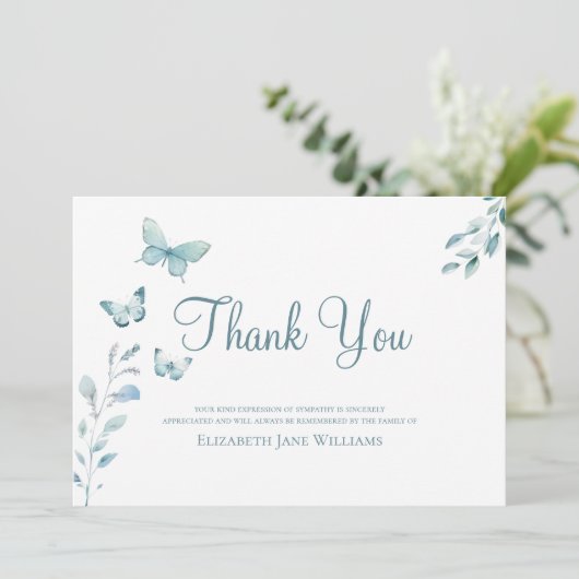 Begrafenis Dusty Blue Butterfly Bedankkaart (Staand voorkant)