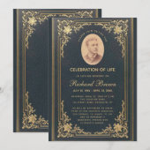 Begrafenis Elegant Blauw Goud Foto Kaart (Voorkant / Achterkant)