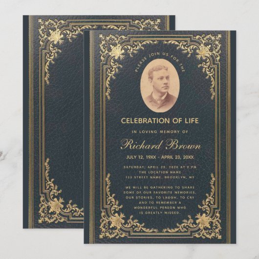 Begrafenis Elegant  Blauw Goud Foto Kaart (Voorkant / Achterkant)