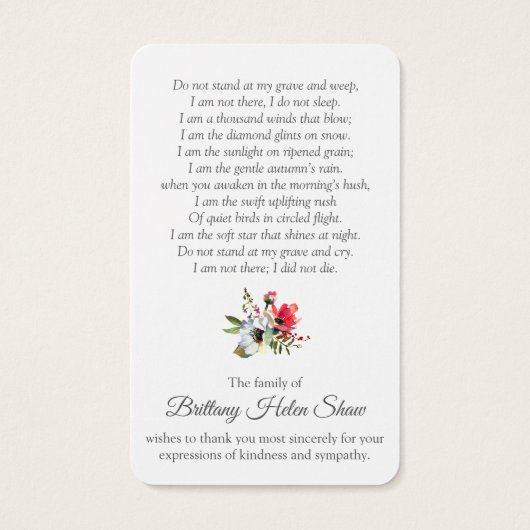 Begrafenis Floral Lake Memorial Gebed Sympathie Ca Visitekaartje (Achterkant)