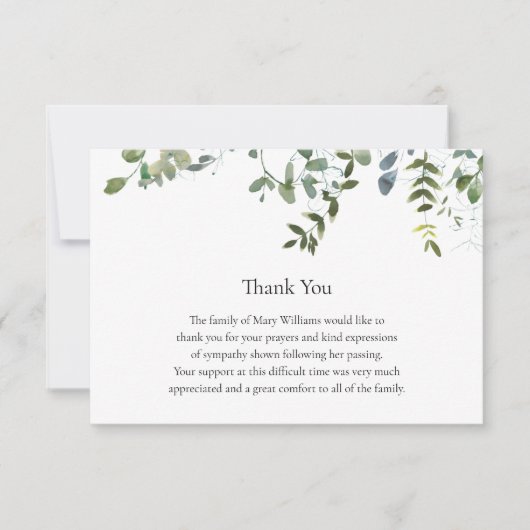 Begrafenis Gedenkgroen Dank u Nota Kaart (Voorkant)