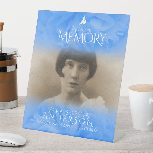 Begrafenis in liefdevolle herinnering roos blauw reclamebord met voetstuk (Insitu)