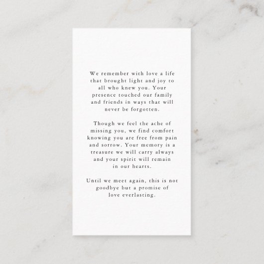 Begrafenis in liefdevolle herinnering Script Foto  Visitekaartje (Achterkant)