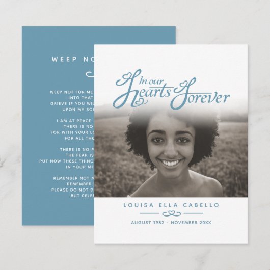 Begrafenis in ons hart blauw wit foto gedichtenkaa informatiekaartje (Voorkant / Achterkant)