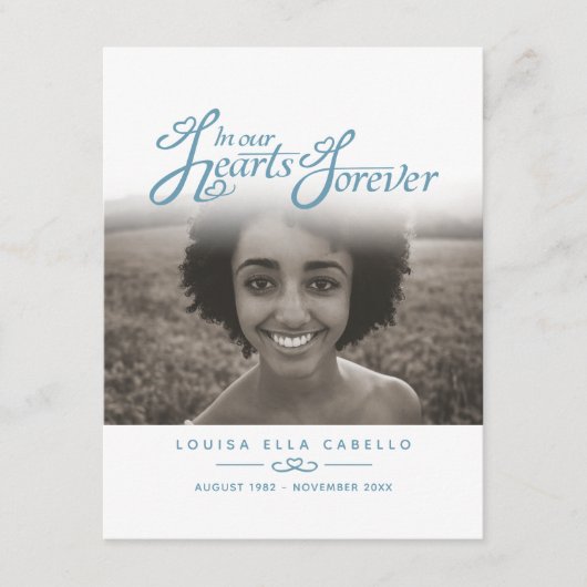 Begrafenis in ons hart blauw wit foto gedichtenkaa informatiekaartje (Voorkant)