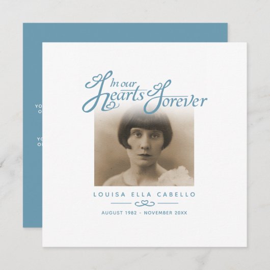 Begrafenis in ons hart is ze weg gedicht wit blauw notitiekaartje (Voorkant / Achterkant)