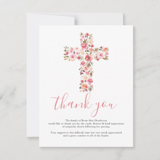 Begrafenis Kruis Dank u opmerking | Roze bloem Notitiekaartje (Voorkant)