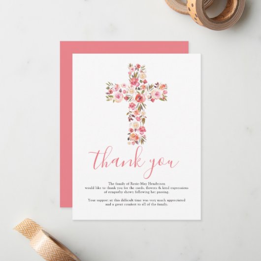 Begrafenis Kruis Dank u opmerking | Roze bloem Notitiekaartje (Voorkant / Achterkant in situ)