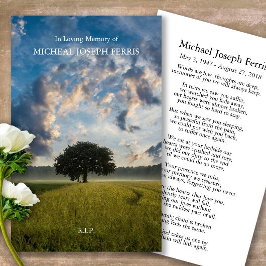 Begrafenis Lone Tree Memorial Gebed Sympathie Card Visitekaartje