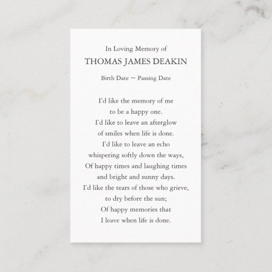 Begrafenis Memorial Strand Gebed Sympathie Kaarten Visitekaartje (Achterkant)