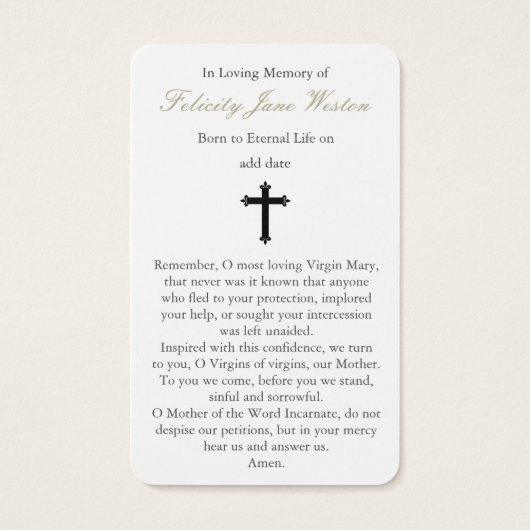 Begrafenis Onze Lieve Vrouw van Genade Gebed Sympa Visitekaartjes (Achterkant)