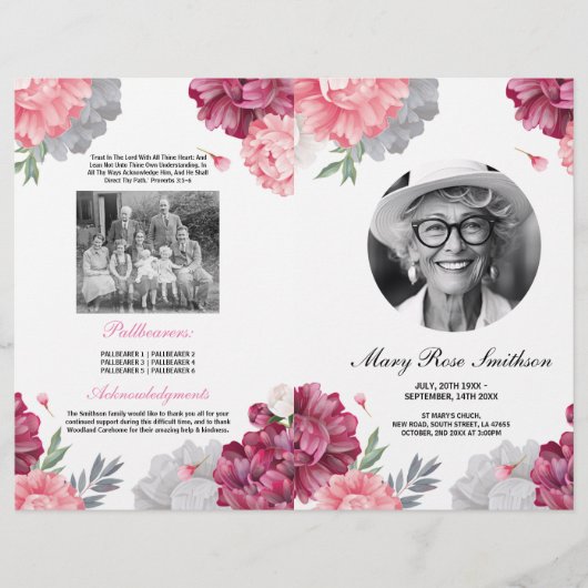 Begrafenis Orde van Levensduur Wit Roze Bloemen Flyer (Voorkant)