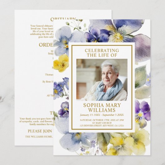 Begrafenis Paarse Blauw & Geel Gedenkteken Program Kaart (Voorkant / Achterkant)