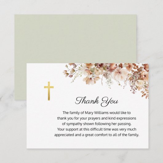 Begrafenis Religieus gedenkteken Bloemen Kruis Bedankkaart (Voorkant / Achterkant)