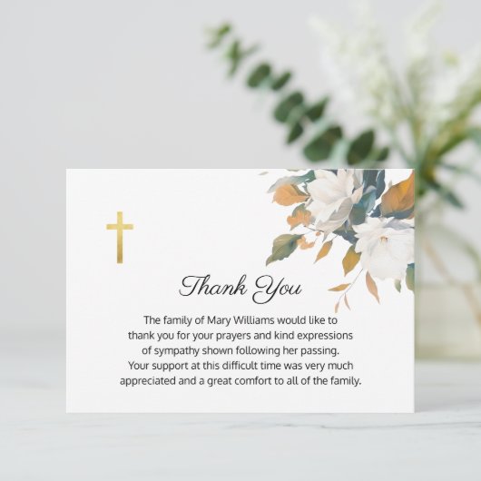 Begrafenis Religieus Gedenkteken Wit Bloemen Kruis Bedankkaart (Staand voorkant)