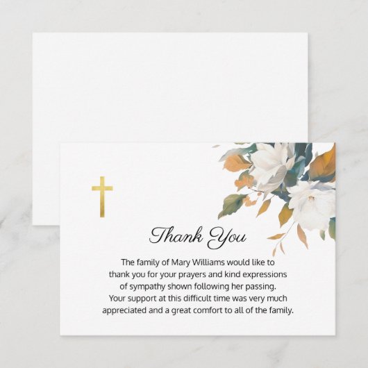 Begrafenis Religieus Gedenkteken Wit Bloemen Kruis Bedankkaart (Voorkant / Achterkant)