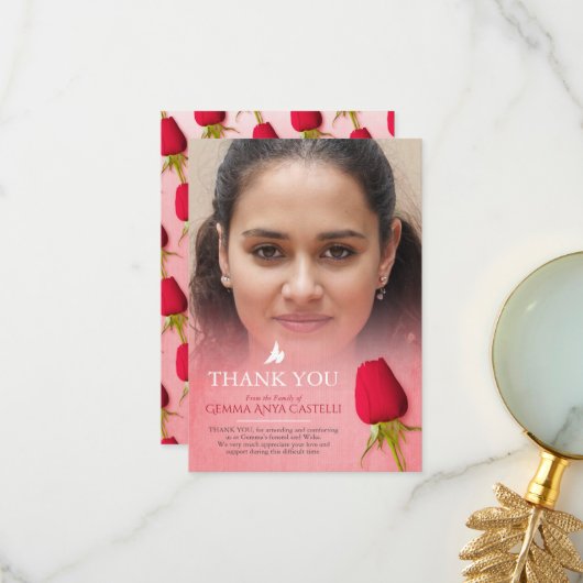 Begrafenis rode roos foto familie dank u kaart (Voorkant / Achterkant in situ)
