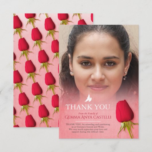 Begrafenis rode roos foto familie dank u kaart (Voorkant / Achterkant)