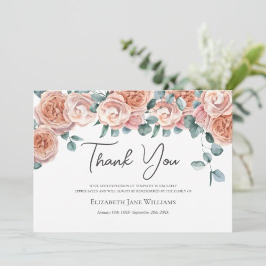 Begrafenis rouwverwerking perzik Rozen Bedankkaart (Staand voorkant)
